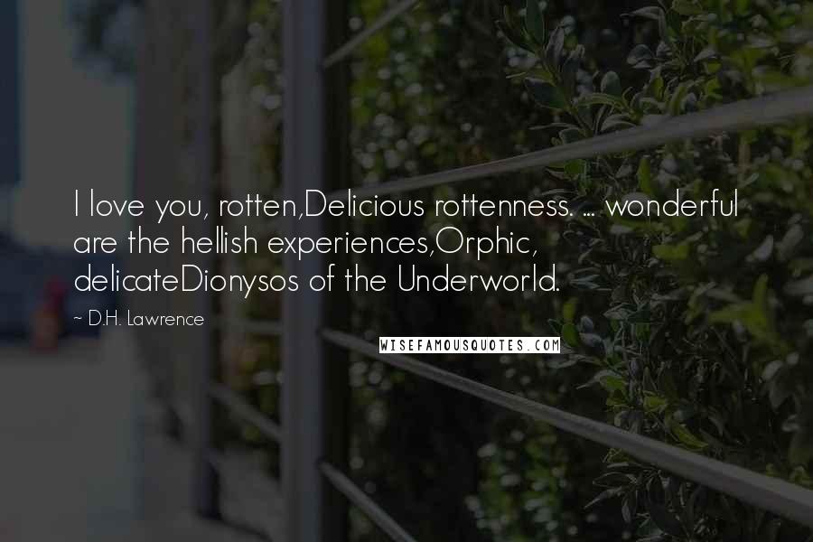 D.H. Lawrence Quotes: I love you, rotten,Delicious rottenness. ... wonderful are the hellish experiences,Orphic, delicateDionysos of the Underworld.