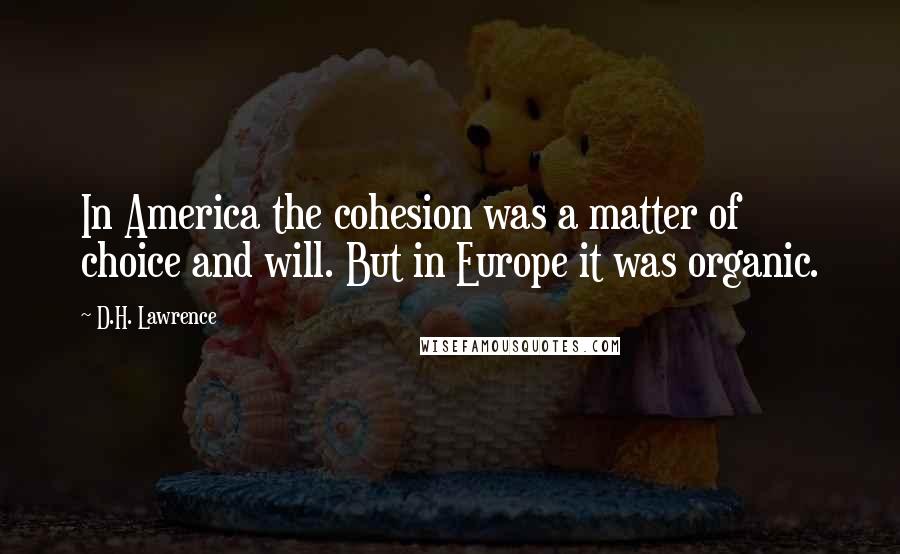 D.H. Lawrence Quotes: In America the cohesion was a matter of choice and will. But in Europe it was organic.