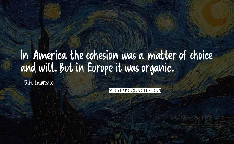 D.H. Lawrence Quotes: In America the cohesion was a matter of choice and will. But in Europe it was organic.