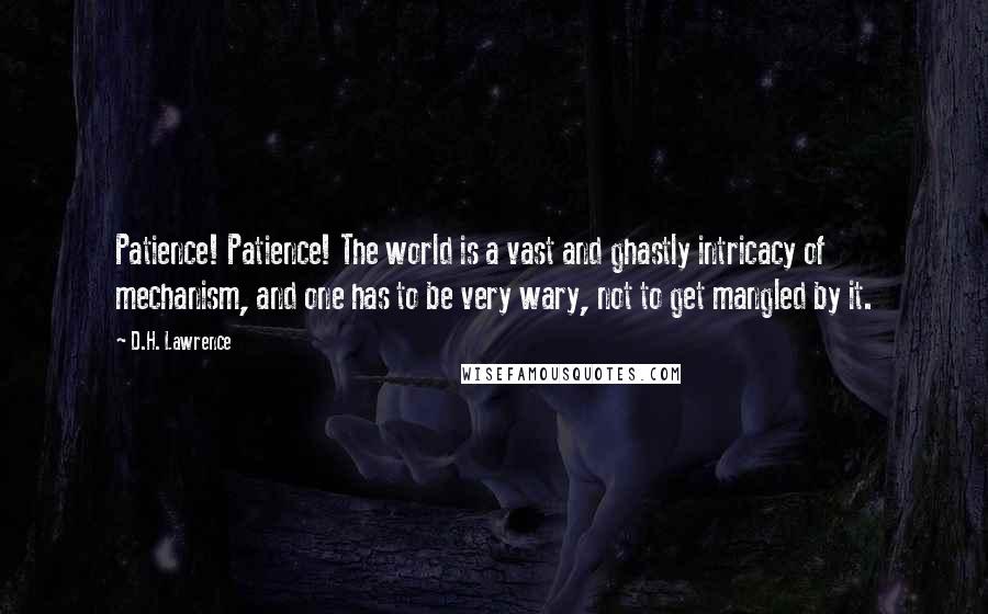 D.H. Lawrence Quotes: Patience! Patience! The world is a vast and ghastly intricacy of mechanism, and one has to be very wary, not to get mangled by it.