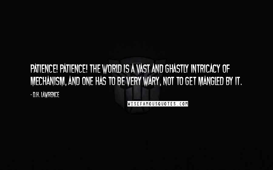 D.H. Lawrence Quotes: Patience! Patience! The world is a vast and ghastly intricacy of mechanism, and one has to be very wary, not to get mangled by it.