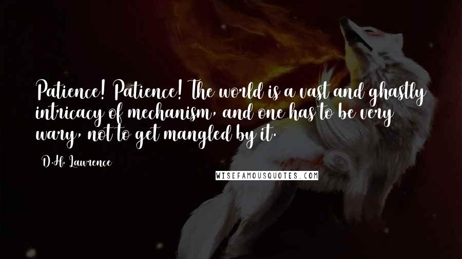 D.H. Lawrence Quotes: Patience! Patience! The world is a vast and ghastly intricacy of mechanism, and one has to be very wary, not to get mangled by it.