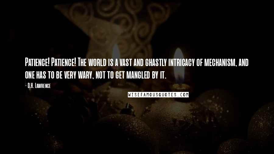 D.H. Lawrence Quotes: Patience! Patience! The world is a vast and ghastly intricacy of mechanism, and one has to be very wary, not to get mangled by it.