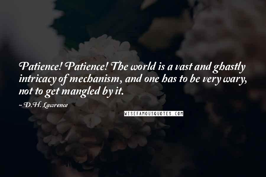D.H. Lawrence Quotes: Patience! Patience! The world is a vast and ghastly intricacy of mechanism, and one has to be very wary, not to get mangled by it.