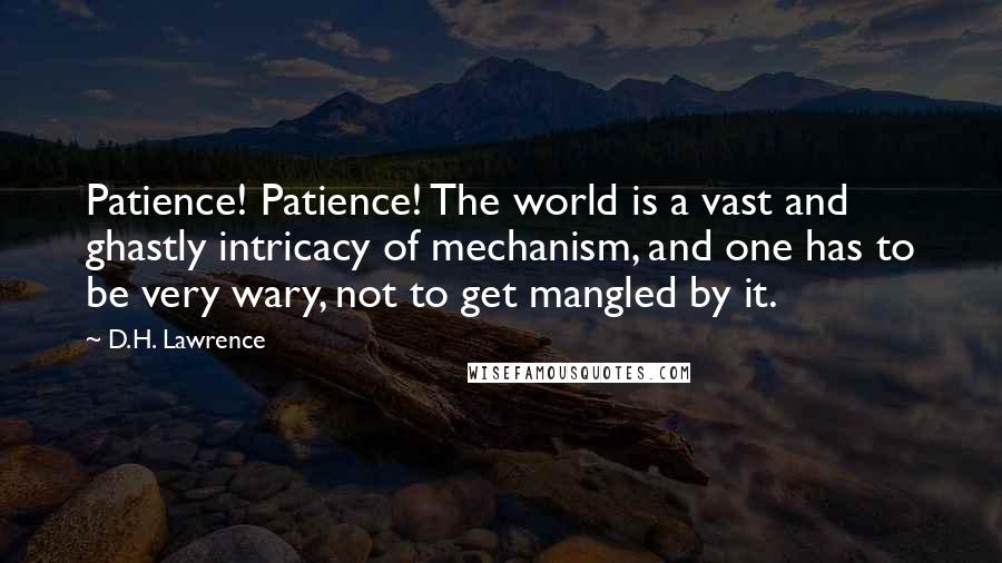 D.H. Lawrence Quotes: Patience! Patience! The world is a vast and ghastly intricacy of mechanism, and one has to be very wary, not to get mangled by it.