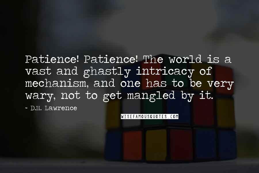 D.H. Lawrence Quotes: Patience! Patience! The world is a vast and ghastly intricacy of mechanism, and one has to be very wary, not to get mangled by it.