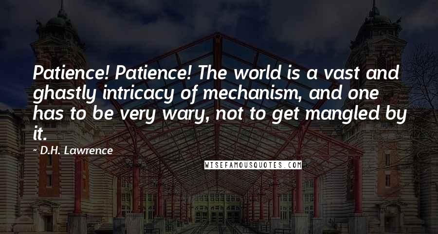 D.H. Lawrence Quotes: Patience! Patience! The world is a vast and ghastly intricacy of mechanism, and one has to be very wary, not to get mangled by it.