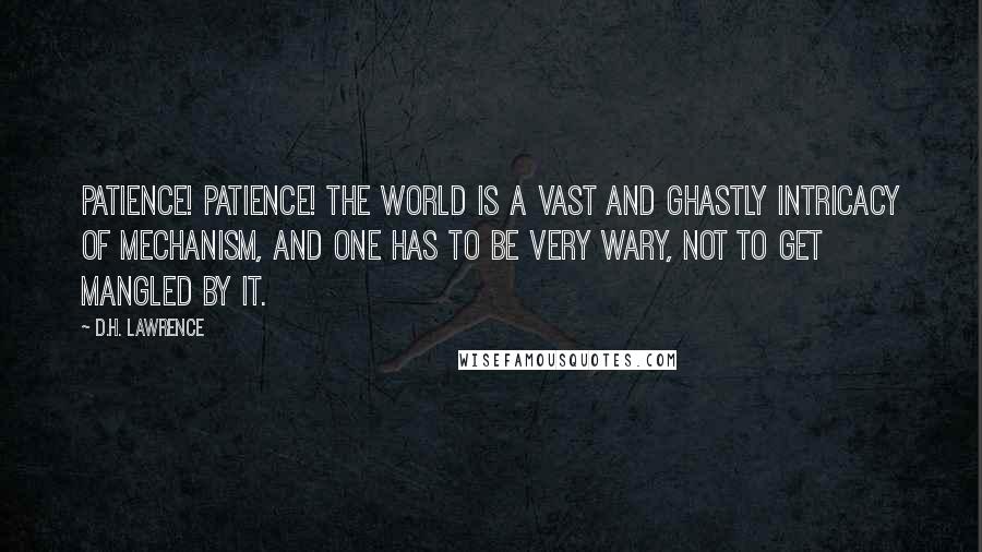 D.H. Lawrence Quotes: Patience! Patience! The world is a vast and ghastly intricacy of mechanism, and one has to be very wary, not to get mangled by it.