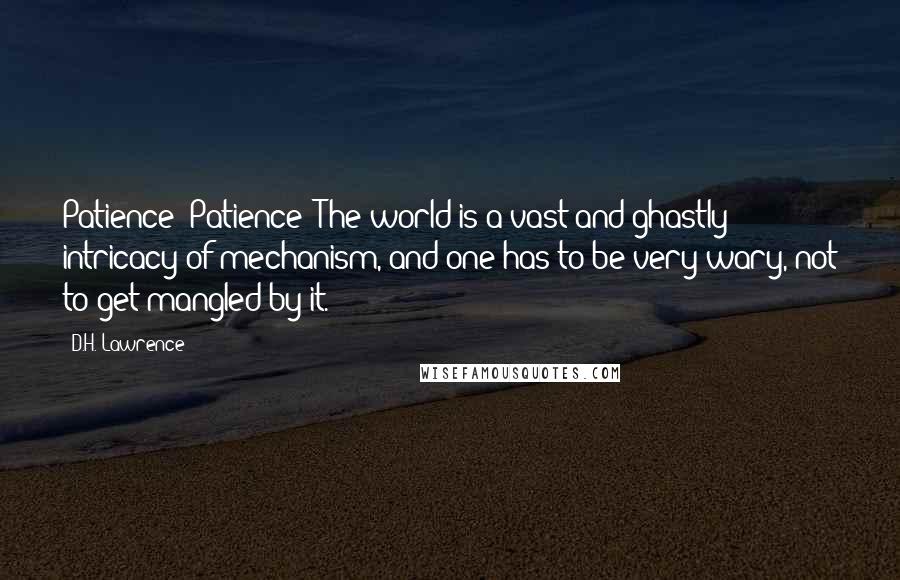 D.H. Lawrence Quotes: Patience! Patience! The world is a vast and ghastly intricacy of mechanism, and one has to be very wary, not to get mangled by it.