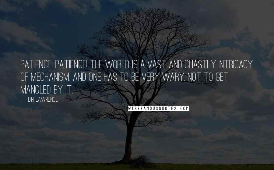D.H. Lawrence Quotes: Patience! Patience! The world is a vast and ghastly intricacy of mechanism, and one has to be very wary, not to get mangled by it.