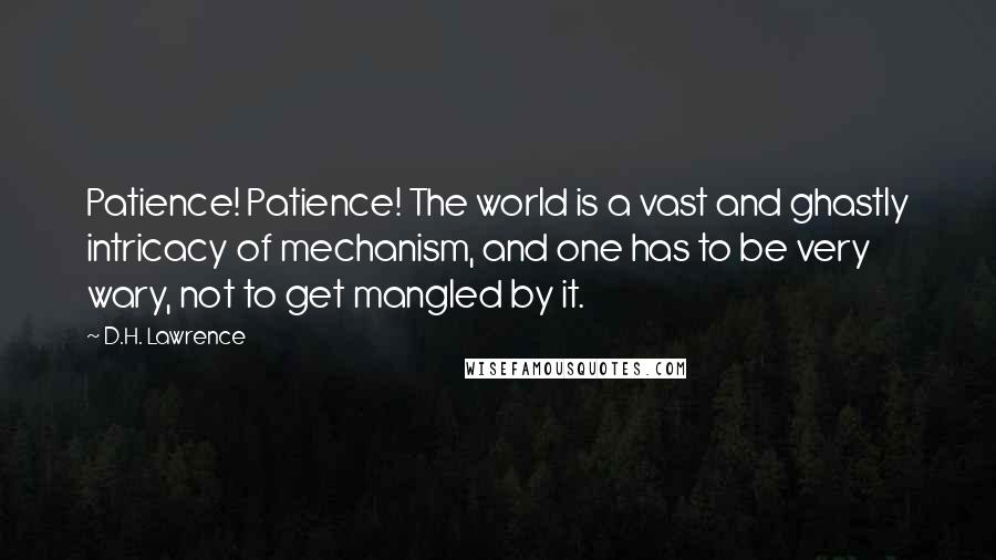D.H. Lawrence Quotes: Patience! Patience! The world is a vast and ghastly intricacy of mechanism, and one has to be very wary, not to get mangled by it.