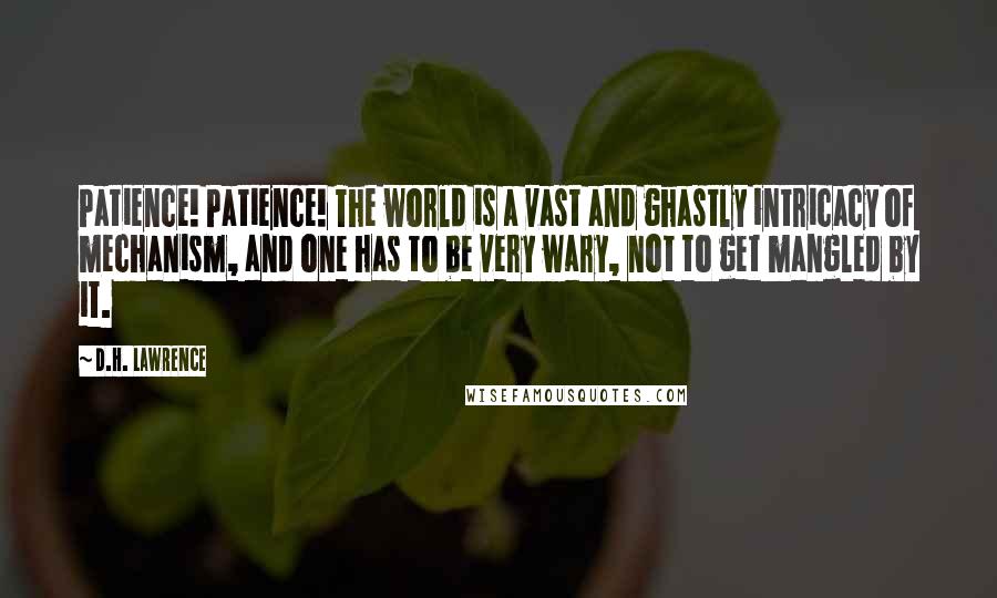 D.H. Lawrence Quotes: Patience! Patience! The world is a vast and ghastly intricacy of mechanism, and one has to be very wary, not to get mangled by it.