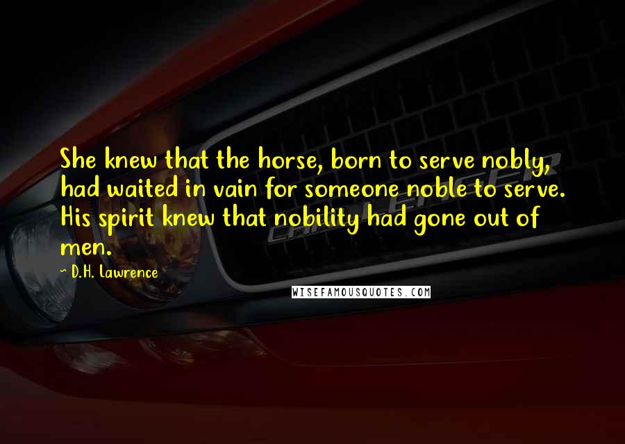 D.H. Lawrence Quotes: She knew that the horse, born to serve nobly, had waited in vain for someone noble to serve. His spirit knew that nobility had gone out of men.