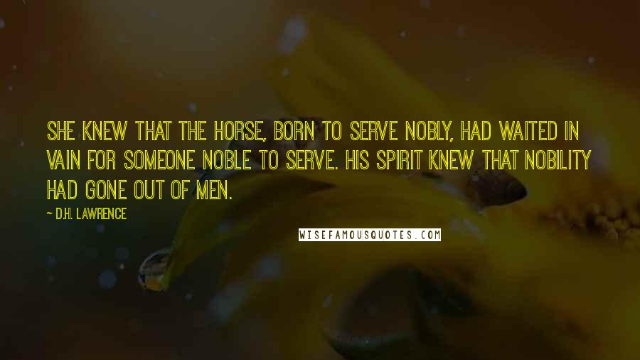 D.H. Lawrence Quotes: She knew that the horse, born to serve nobly, had waited in vain for someone noble to serve. His spirit knew that nobility had gone out of men.