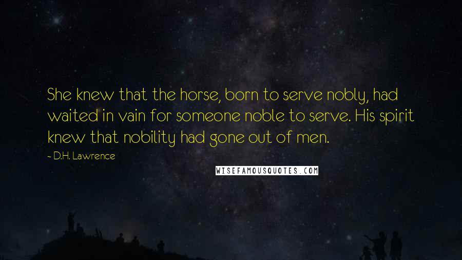 D.H. Lawrence Quotes: She knew that the horse, born to serve nobly, had waited in vain for someone noble to serve. His spirit knew that nobility had gone out of men.