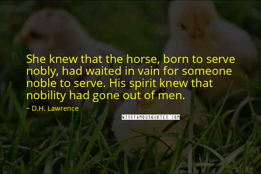 D.H. Lawrence Quotes: She knew that the horse, born to serve nobly, had waited in vain for someone noble to serve. His spirit knew that nobility had gone out of men.