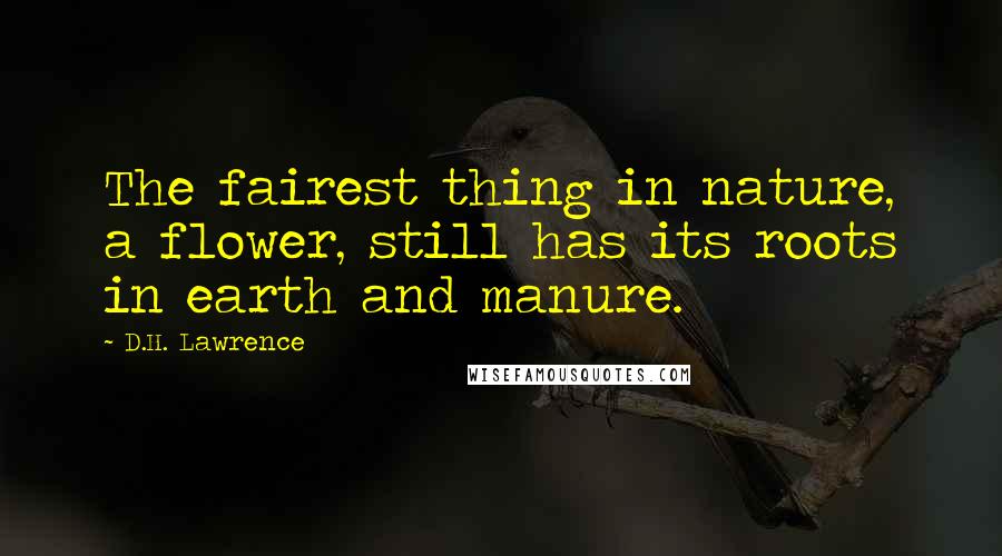 D.H. Lawrence Quotes: The fairest thing in nature, a flower, still has its roots in earth and manure.