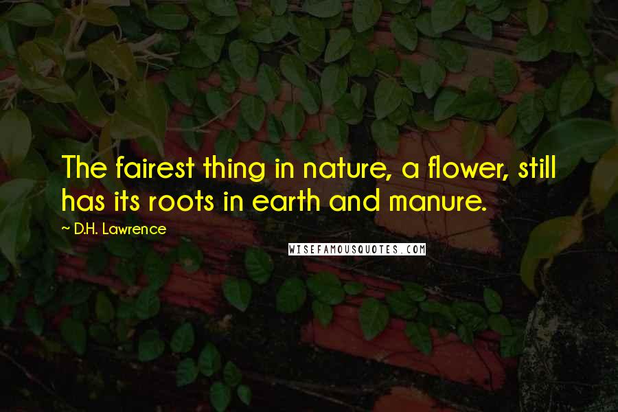 D.H. Lawrence Quotes: The fairest thing in nature, a flower, still has its roots in earth and manure.