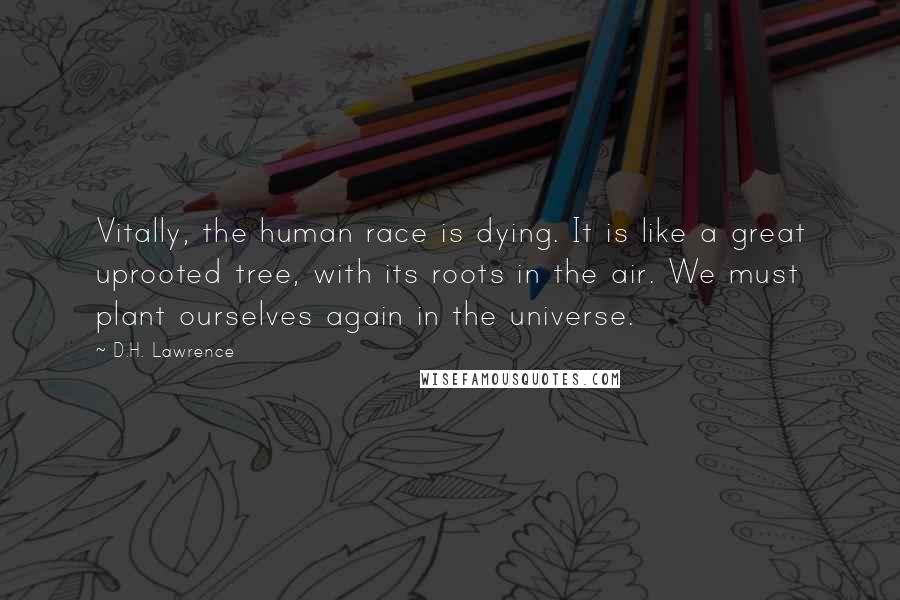 D.H. Lawrence Quotes: Vitally, the human race is dying. It is like a great uprooted tree, with its roots in the air. We must plant ourselves again in the universe.