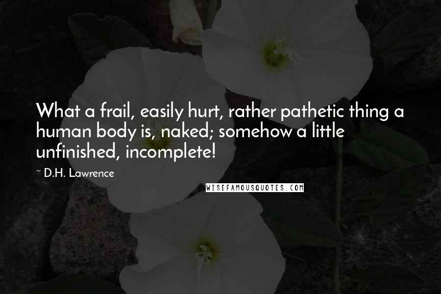 D.H. Lawrence Quotes: What a frail, easily hurt, rather pathetic thing a human body is, naked; somehow a little unfinished, incomplete!