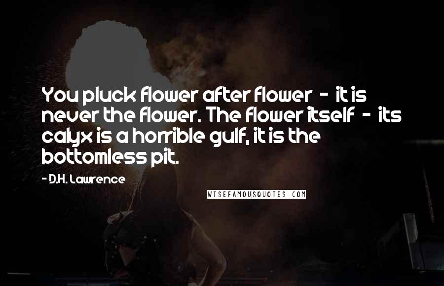 D.H. Lawrence Quotes: You pluck flower after flower  -  it is never the flower. The flower itself  -  its calyx is a horrible gulf, it is the bottomless pit.