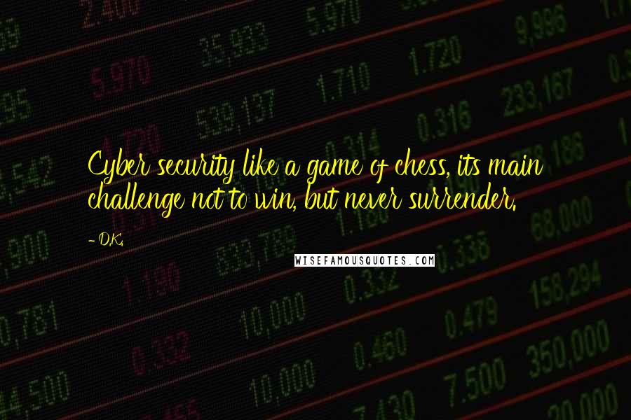 D.K. Quotes: Cyber security like a game of chess, its main challenge not to win, but never surrender.