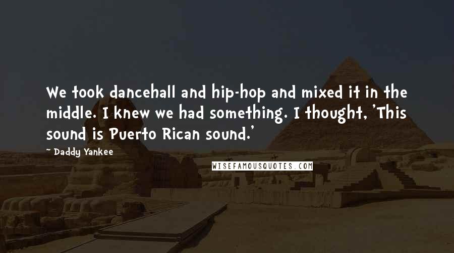 Daddy Yankee Quotes: We took dancehall and hip-hop and mixed it in the middle. I knew we had something. I thought, 'This sound is Puerto Rican sound.'