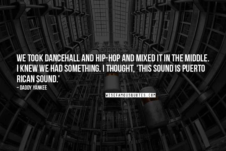 Daddy Yankee Quotes: We took dancehall and hip-hop and mixed it in the middle. I knew we had something. I thought, 'This sound is Puerto Rican sound.'