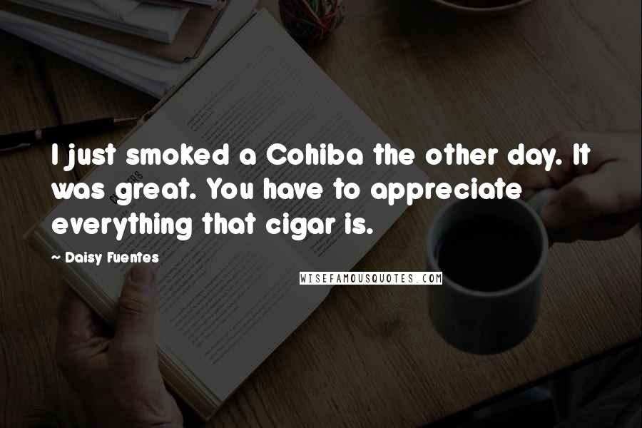Daisy Fuentes Quotes: I just smoked a Cohiba the other day. It was great. You have to appreciate everything that cigar is.
