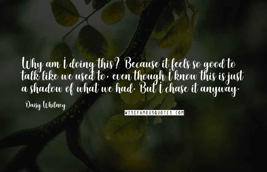 Daisy Whitney Quotes: Why am I doing this? Because it feels so good to talk like we used to, even though I know this is just a shadow of what we had. But I chase it anyway.