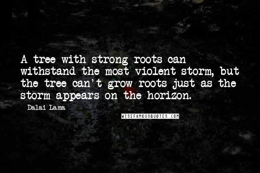 Dalai Lama Quotes: A tree with strong roots can withstand the most violent storm, but the tree can't grow roots just as the storm appears on the horizon.
