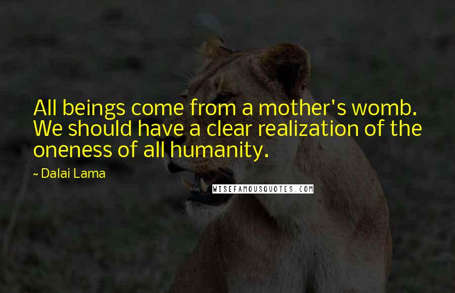 Dalai Lama Quotes: All beings come from a mother's womb. We should have a clear realization of the oneness of all humanity.
