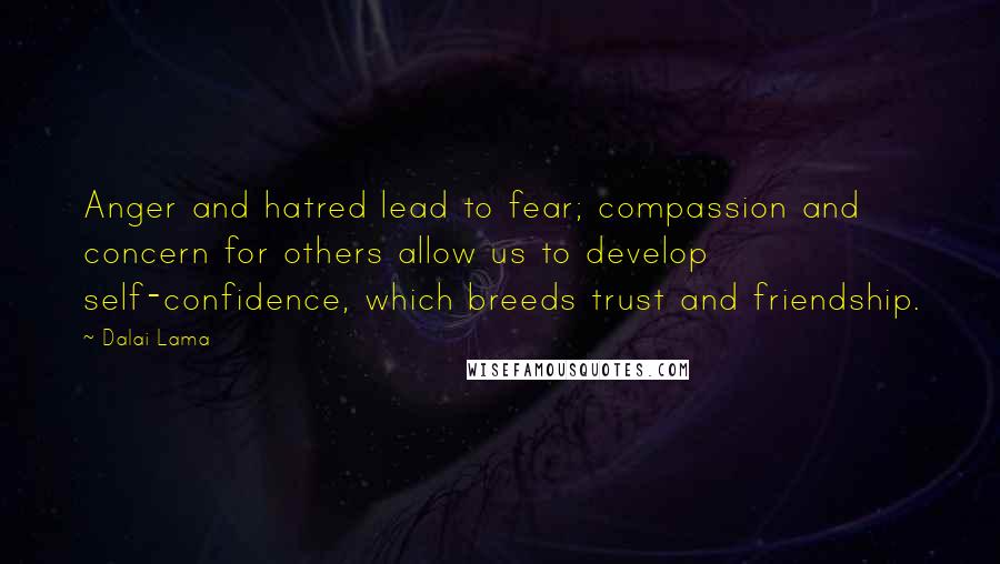 Dalai Lama Quotes: Anger and hatred lead to fear; compassion and concern for others allow us to develop self-confidence, which breeds trust and friendship.