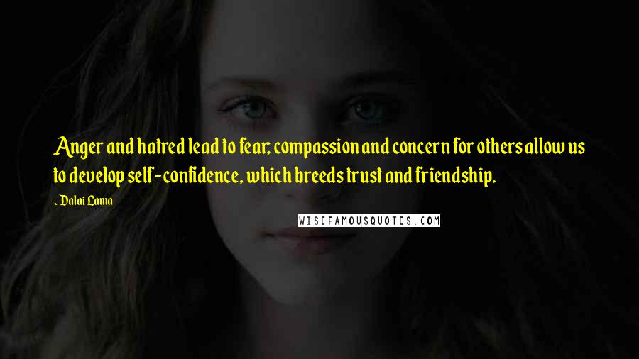 Dalai Lama Quotes: Anger and hatred lead to fear; compassion and concern for others allow us to develop self-confidence, which breeds trust and friendship.