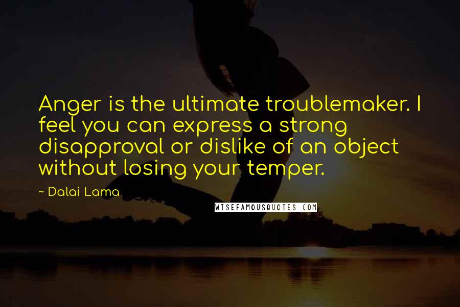 Dalai Lama Quotes: Anger is the ultimate troublemaker. I feel you can express a strong disapproval or dislike of an object without losing your temper.