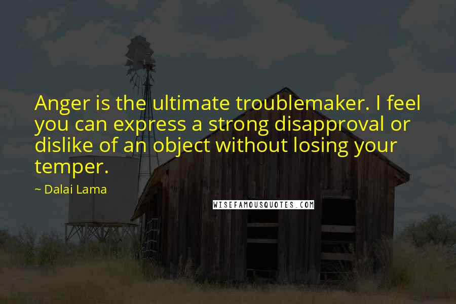 Dalai Lama Quotes: Anger is the ultimate troublemaker. I feel you can express a strong disapproval or dislike of an object without losing your temper.