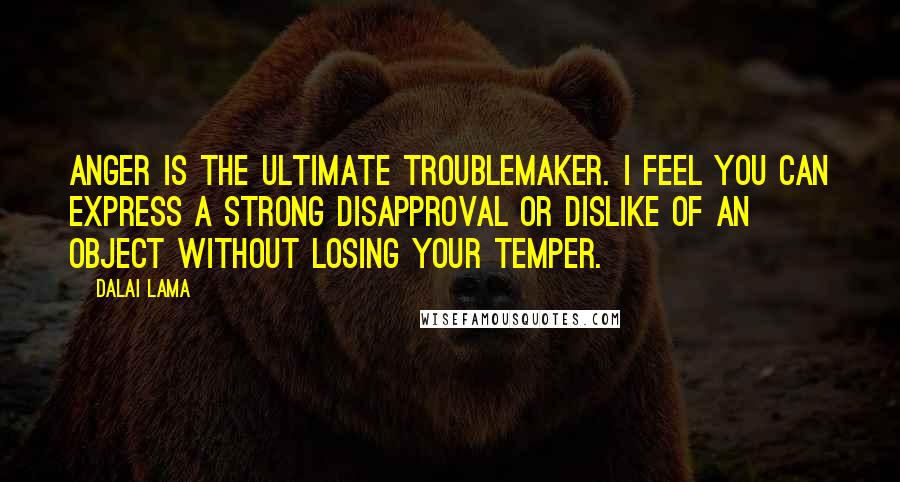 Dalai Lama Quotes: Anger is the ultimate troublemaker. I feel you can express a strong disapproval or dislike of an object without losing your temper.