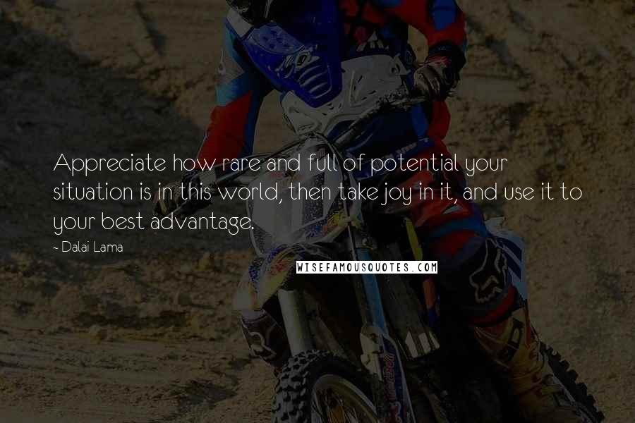 Dalai Lama Quotes: Appreciate how rare and full of potential your situation is in this world, then take joy in it, and use it to your best advantage.