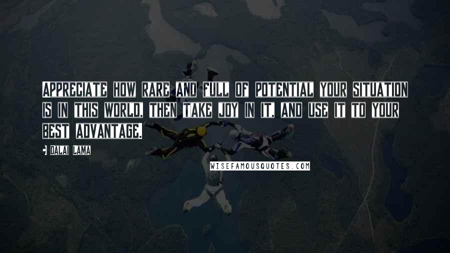 Dalai Lama Quotes: Appreciate how rare and full of potential your situation is in this world, then take joy in it, and use it to your best advantage.