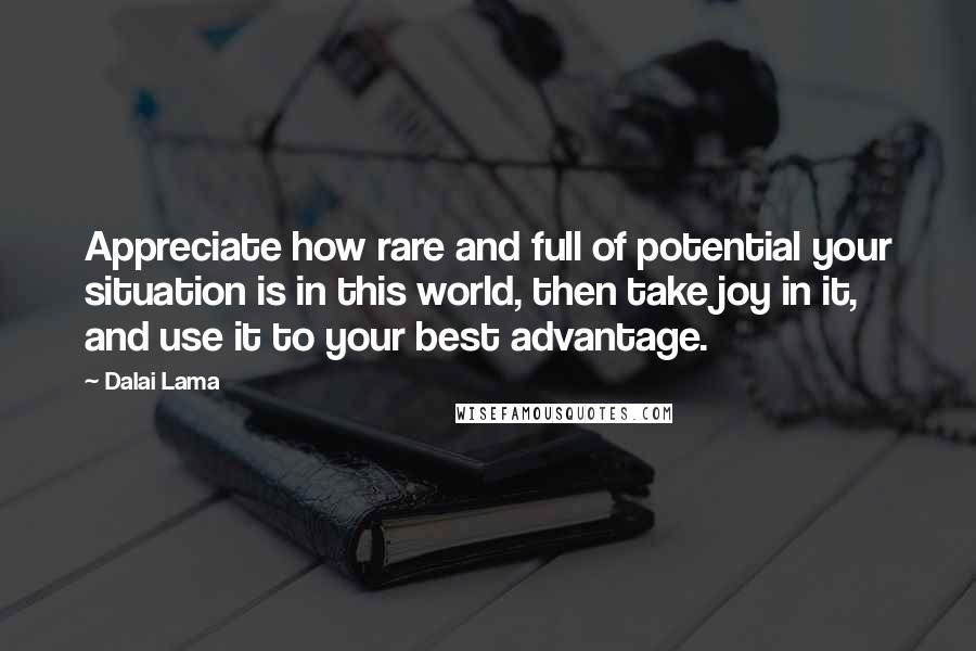 Dalai Lama Quotes: Appreciate how rare and full of potential your situation is in this world, then take joy in it, and use it to your best advantage.