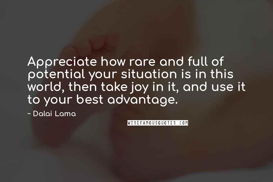 Dalai Lama Quotes: Appreciate how rare and full of potential your situation is in this world, then take joy in it, and use it to your best advantage.