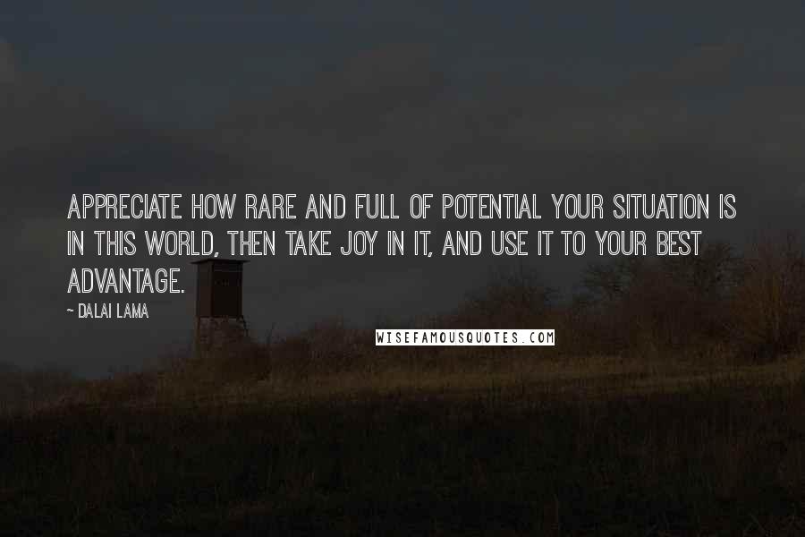 Dalai Lama Quotes: Appreciate how rare and full of potential your situation is in this world, then take joy in it, and use it to your best advantage.