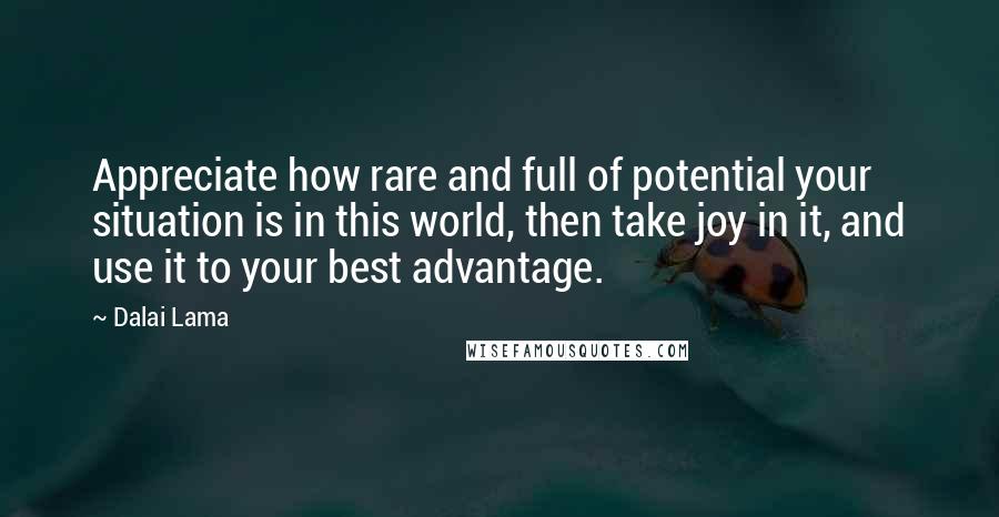 Dalai Lama Quotes: Appreciate how rare and full of potential your situation is in this world, then take joy in it, and use it to your best advantage.