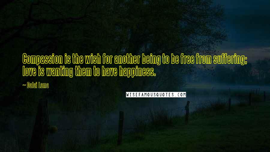 Dalai Lama Quotes: Compassion is the wish for another being to be free from suffering; love is wanting them to have happiness.