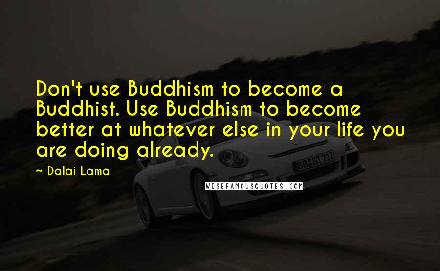 Dalai Lama Quotes: Don't use Buddhism to become a Buddhist. Use Buddhism to become better at whatever else in your life you are doing already.