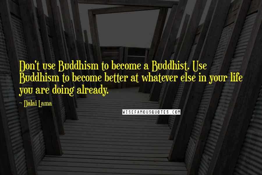 Dalai Lama Quotes: Don't use Buddhism to become a Buddhist. Use Buddhism to become better at whatever else in your life you are doing already.
