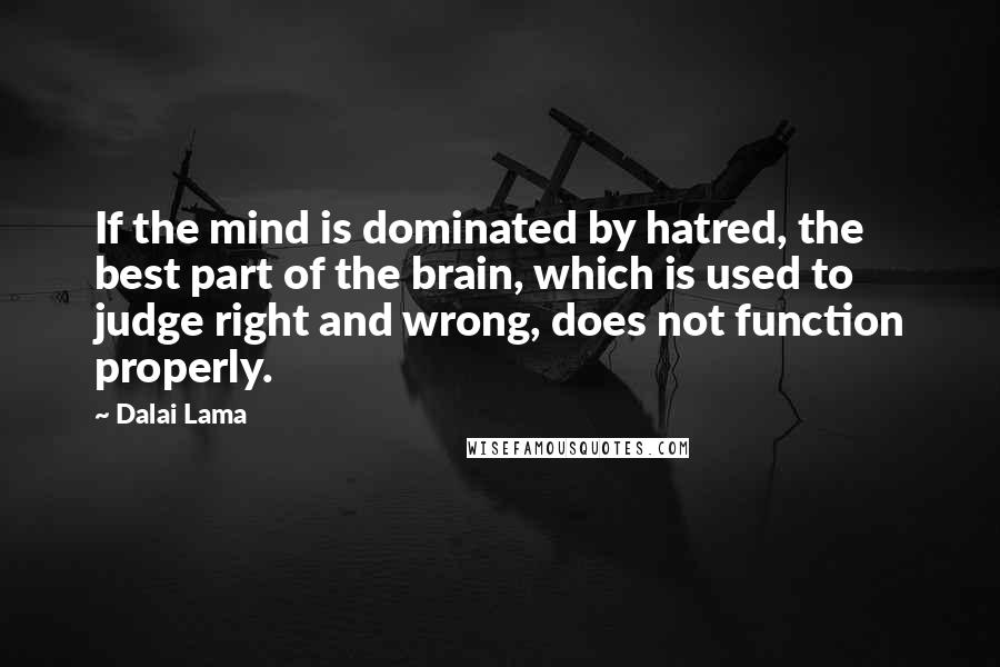 Dalai Lama Quotes: If the mind is dominated by hatred, the best part of the brain, which is used to judge right and wrong, does not function properly.