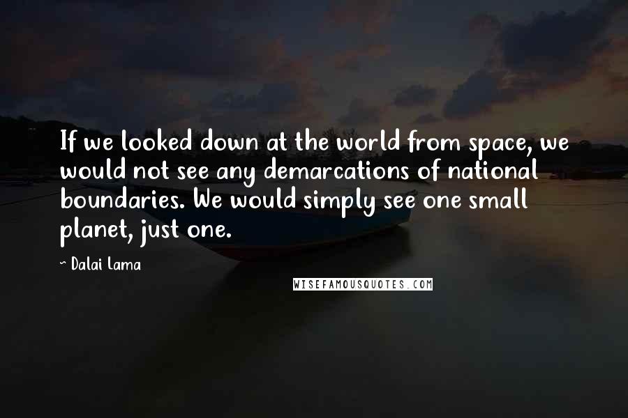 Dalai Lama Quotes: If we looked down at the world from space, we would not see any demarcations of national boundaries. We would simply see one small planet, just one.