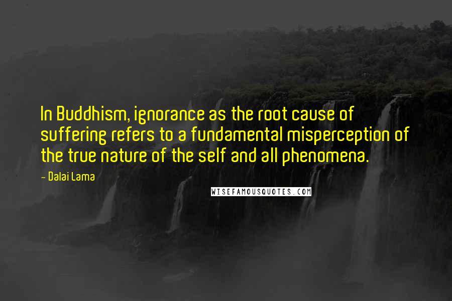 Dalai Lama Quotes: In Buddhism, ignorance as the root cause of suffering refers to a fundamental misperception of the true nature of the self and all phenomena.