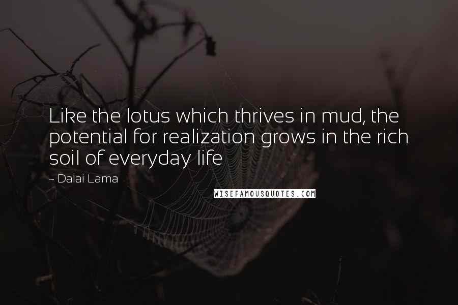 Dalai Lama Quotes: Like the lotus which thrives in mud, the potential for realization grows in the rich soil of everyday life